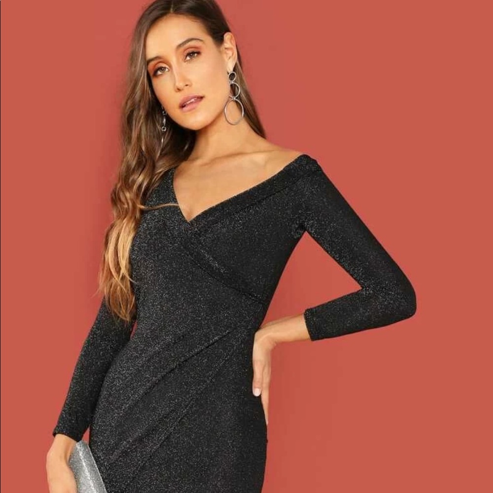 Asymmetric Shawl Collar Wrap Glitter Dress